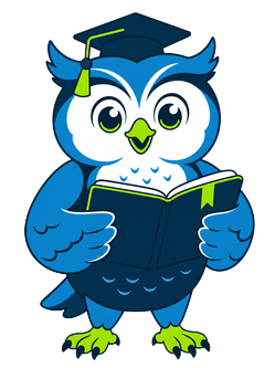 Klarity owl mascot reading an open book