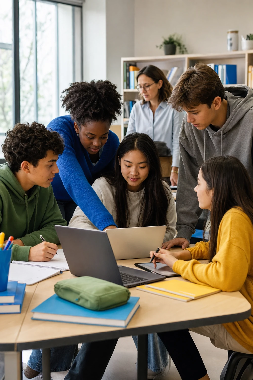 Diverse students connecting laptops, notes, and classroom guidance in one learning session