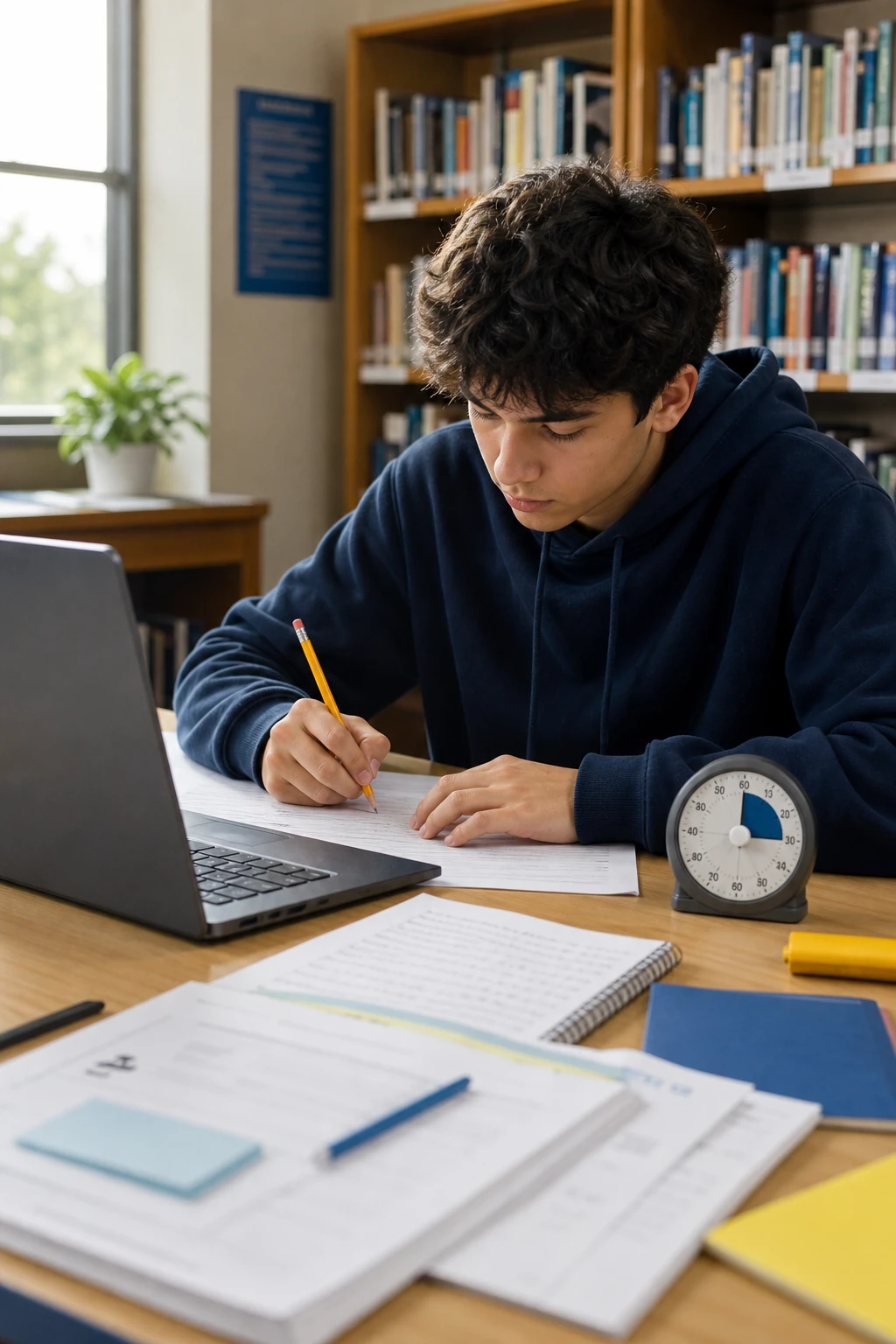 High school student completing a timed practice test in a library