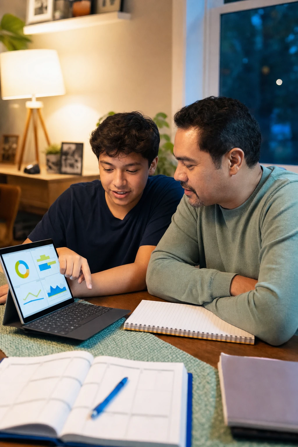 Parent and teen reviewing learning progress together on a tablet