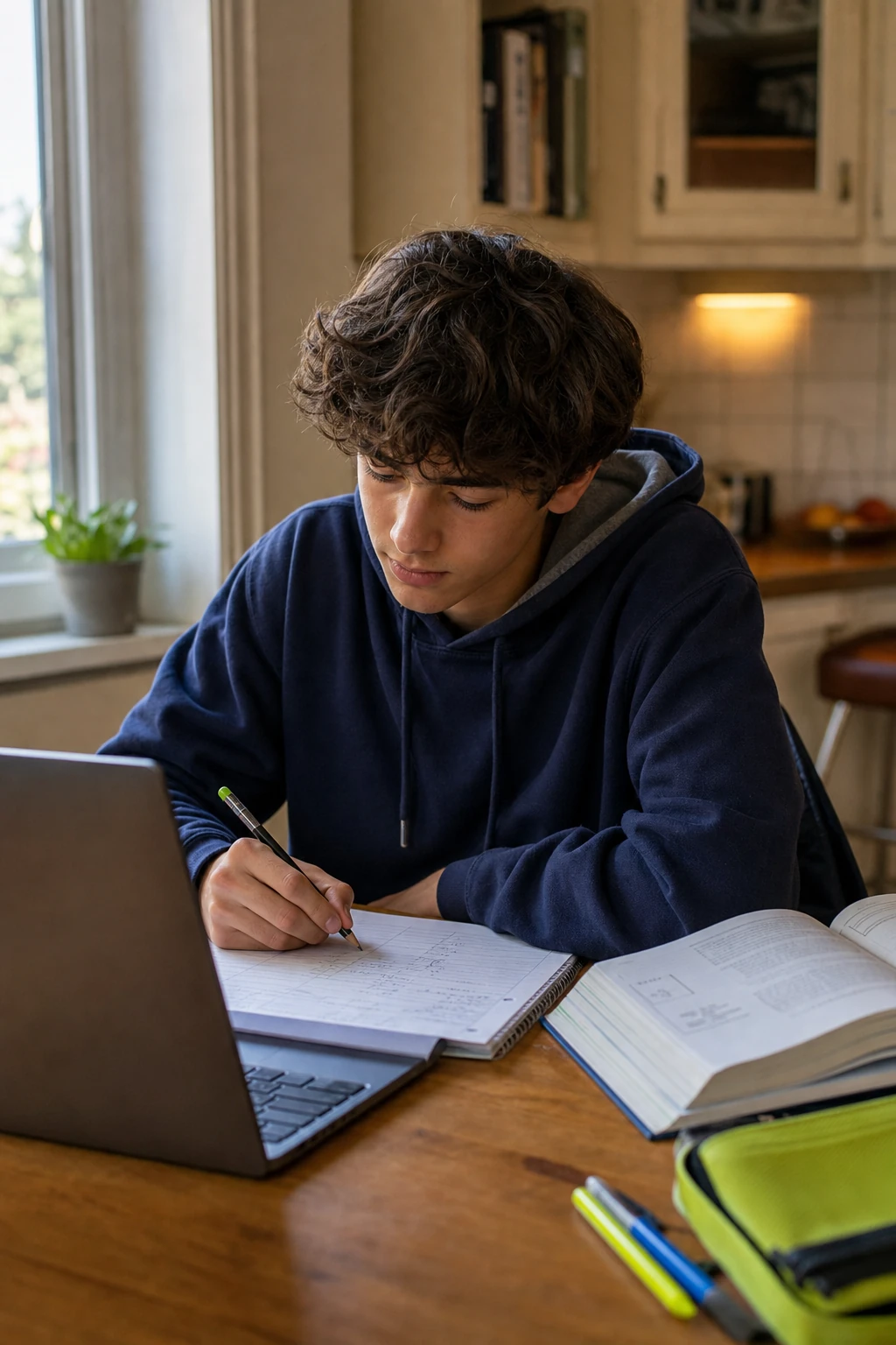 Teen student using a laptop and handwritten notes for step-by-step homework help