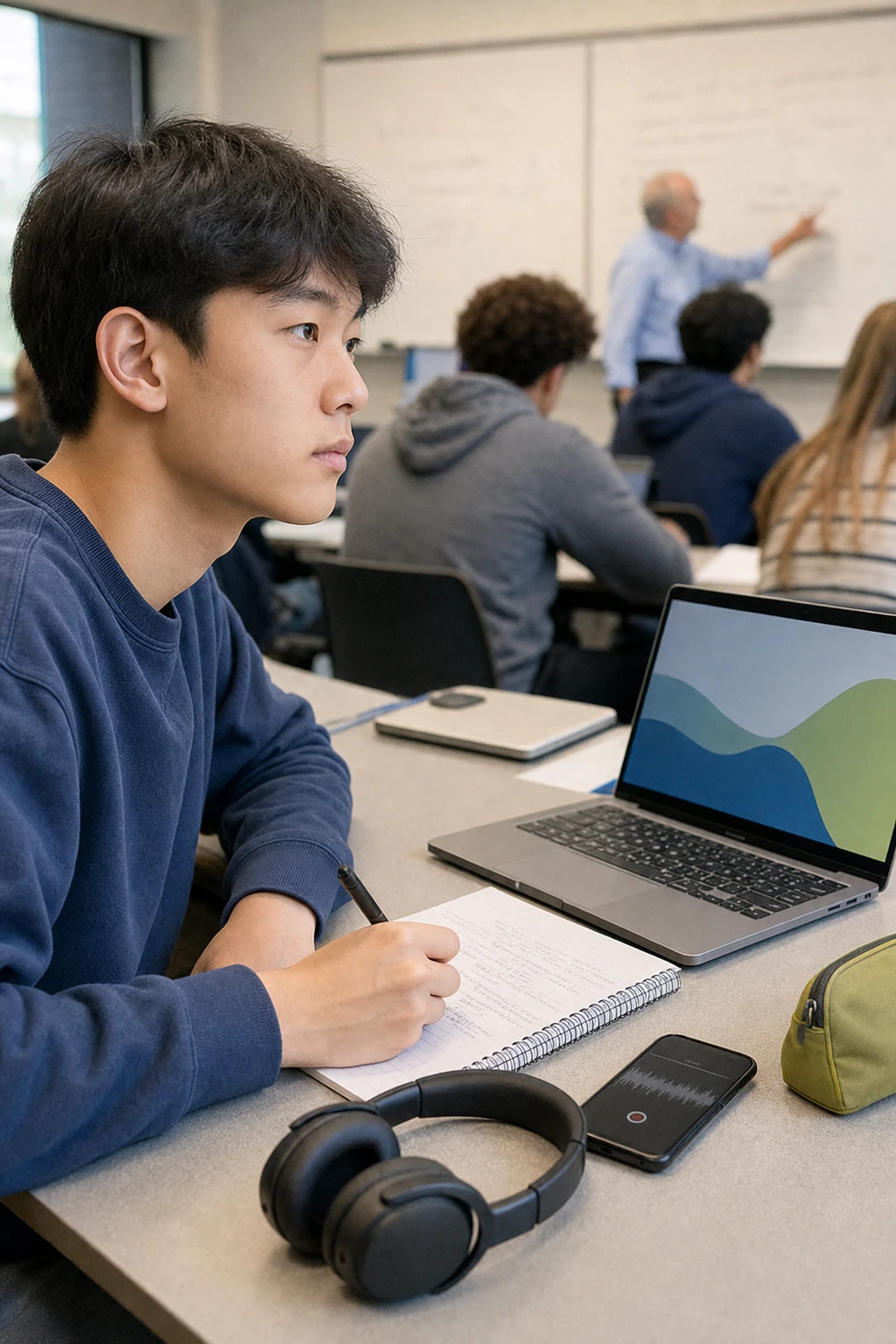Student recording a classroom lecture while organizing notes on a laptop