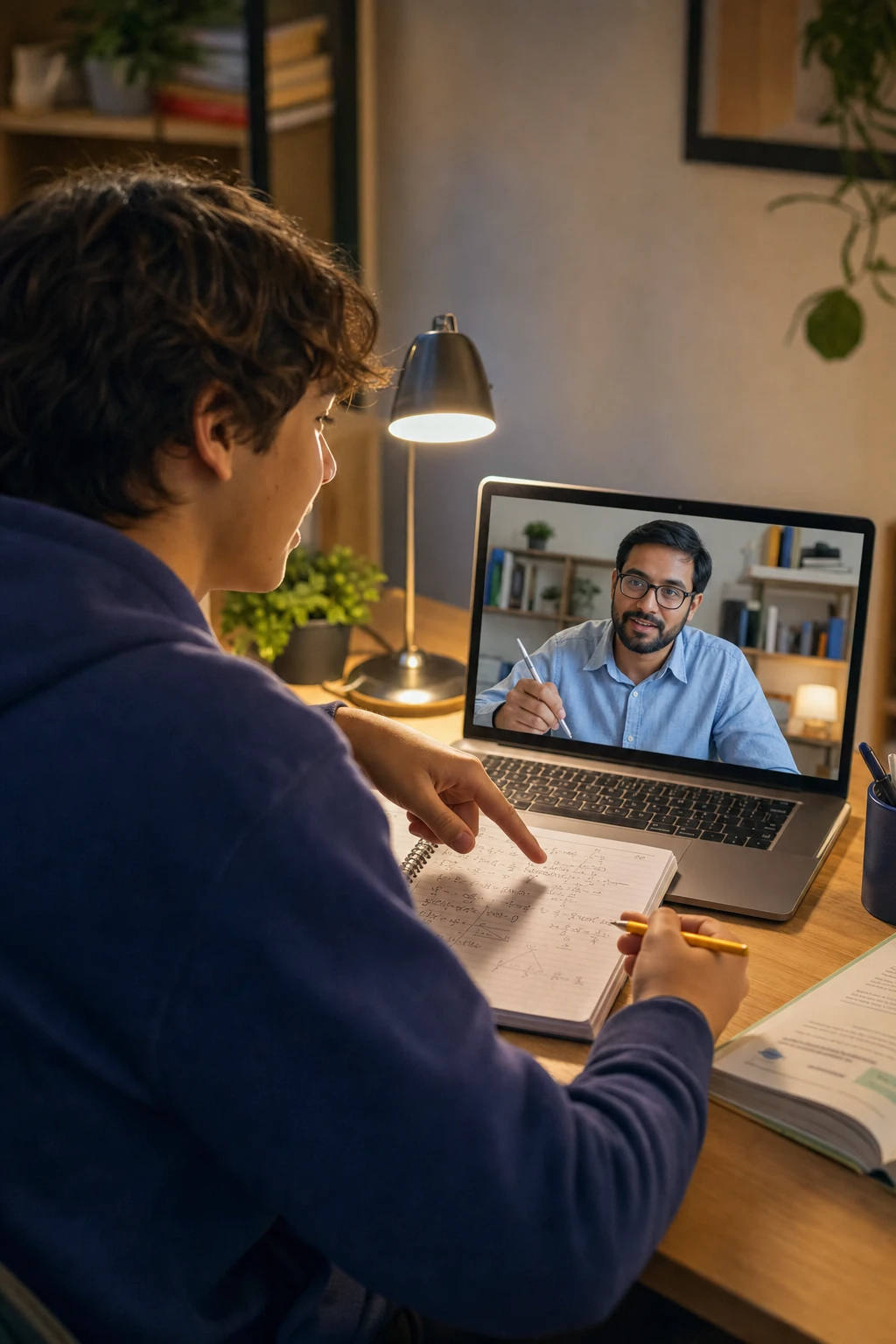 Teen student discussing handwritten work with an online tutor in real time