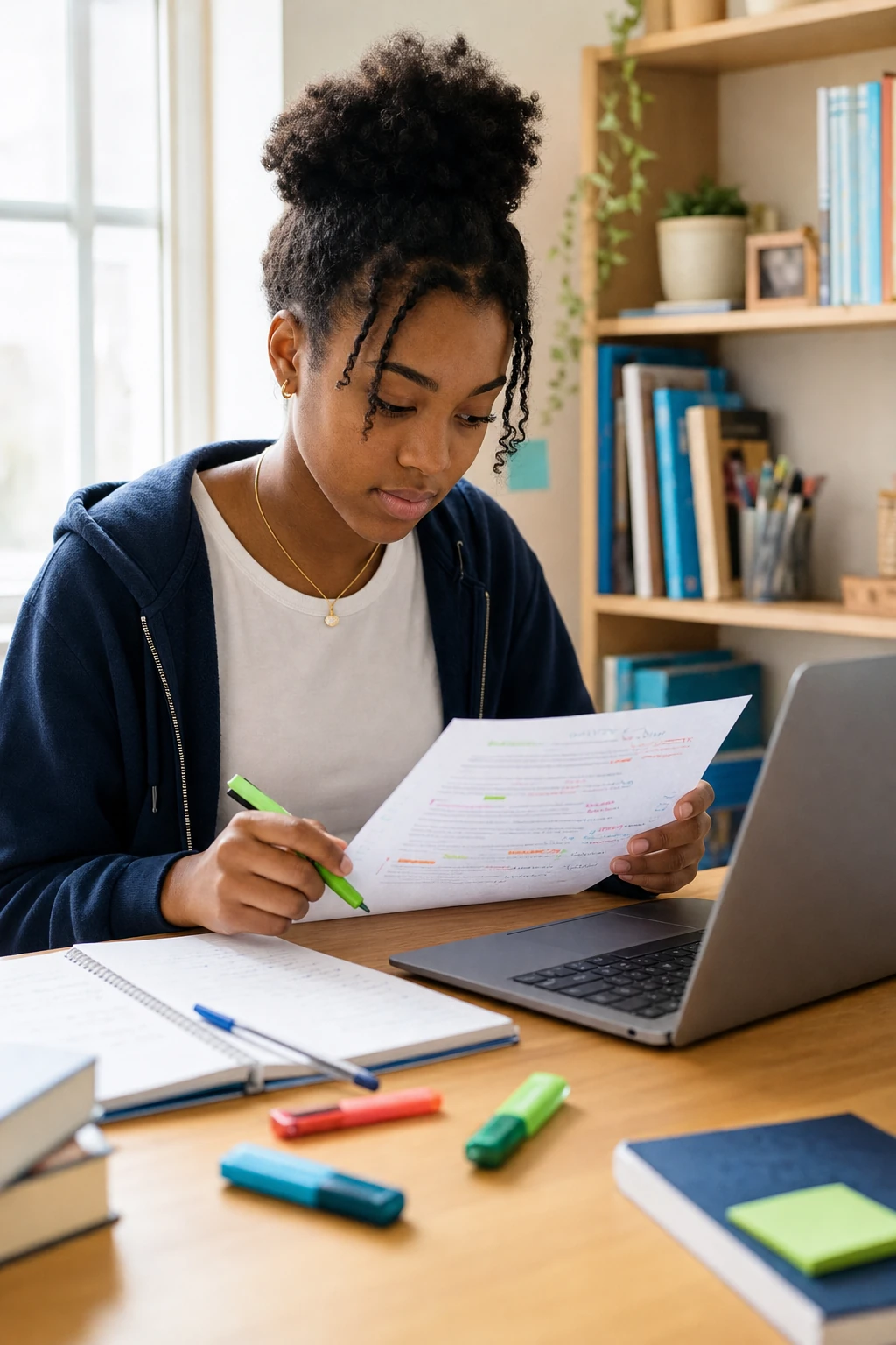 Teen student revising an essay using detailed feedback and highlighted notes